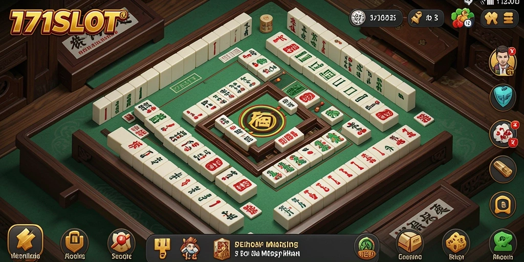 Tampilan gameplay menarik dari 171SLOT dengan ubin Mahjong berwarna-warni.